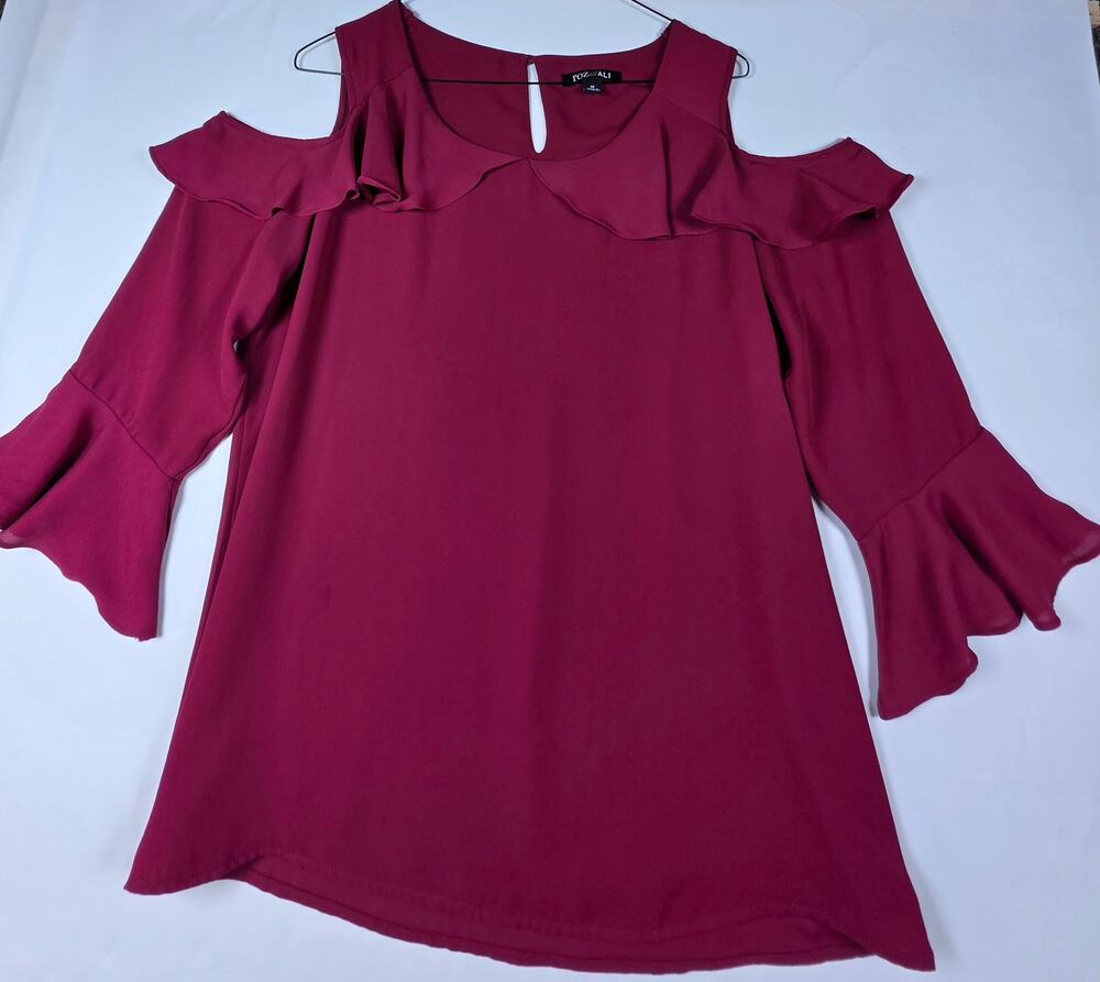 Roz & Ali maroon cold-shoulder blouse